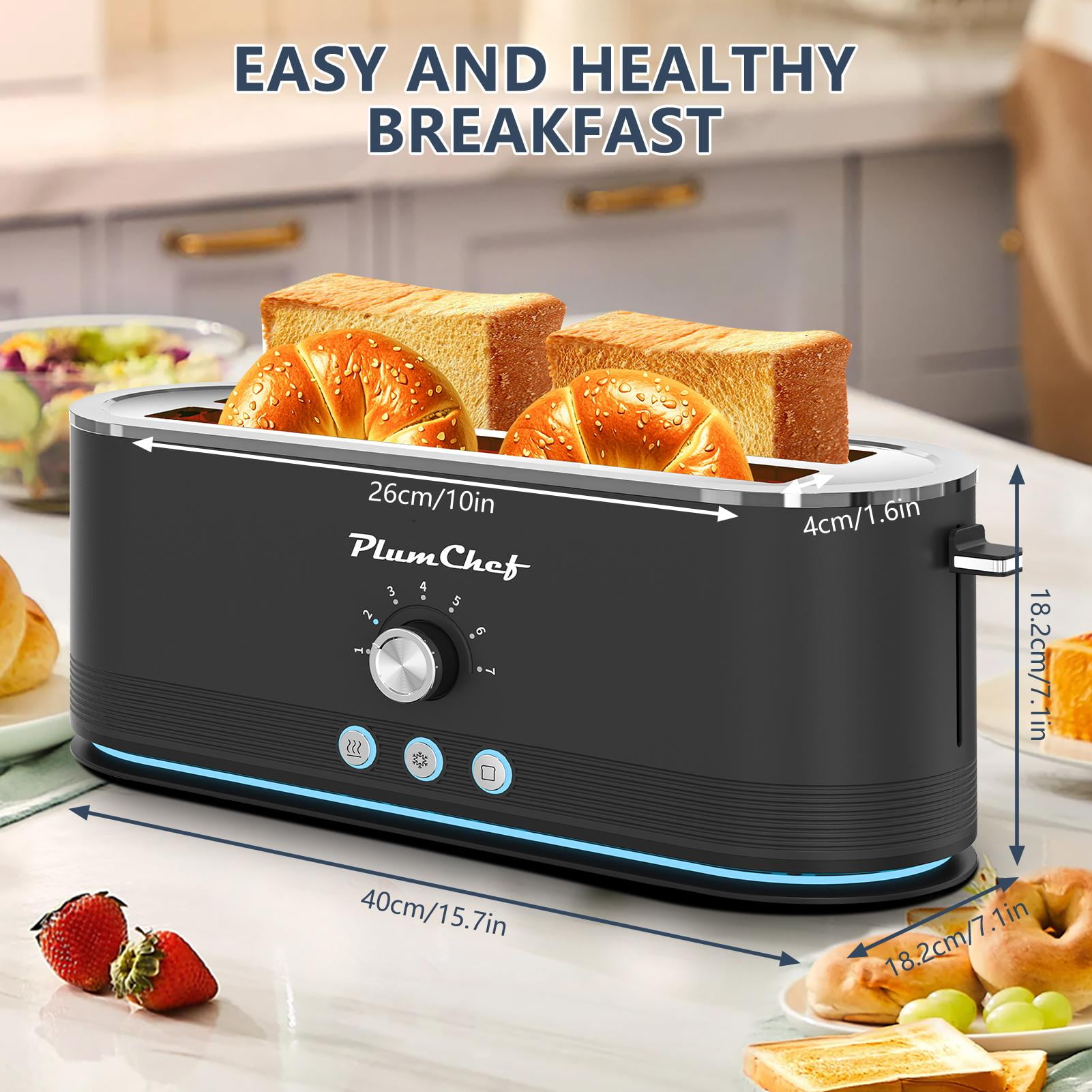 Plum Chef 4 Slice Toaster Wide Slot 6 Shade Browning Control Bagel Muffin Setting Defrost Function Reheat Function Removable Crumb Tray Compact Stainless Steel Design