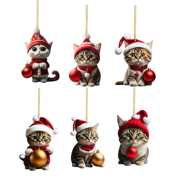 KCEHTA 6 Pcs Cat Christmas Ornaments, Christmas Tree Cat Ornaments, 2D Acrylic Cute Christmas Cat Ornaments with Santa Hat Scarf, Cat Christmas Decorations for Cat Lovers