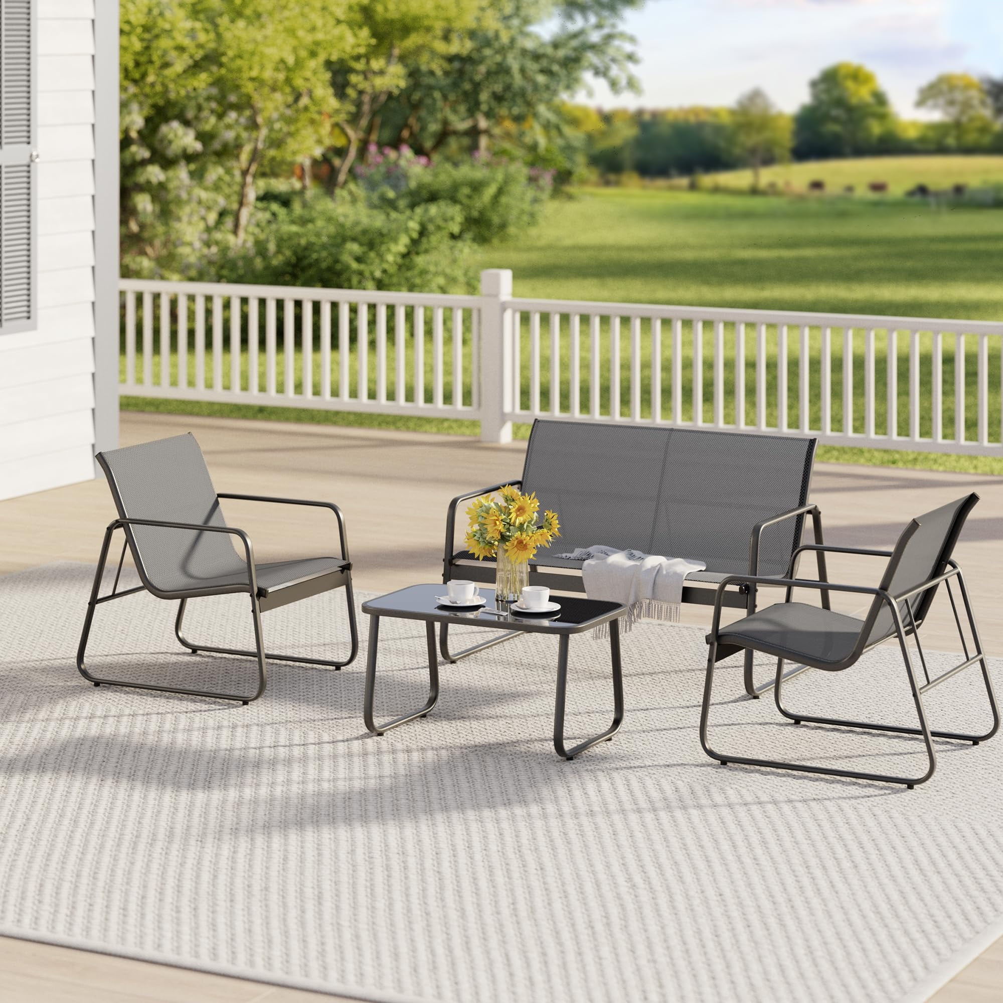 Aiho 4 Pieces Patio Furniture Set Clearance with Glass Coffee Table, Outdoor Textilene Chairs Set for Garden, Backyard -Gray