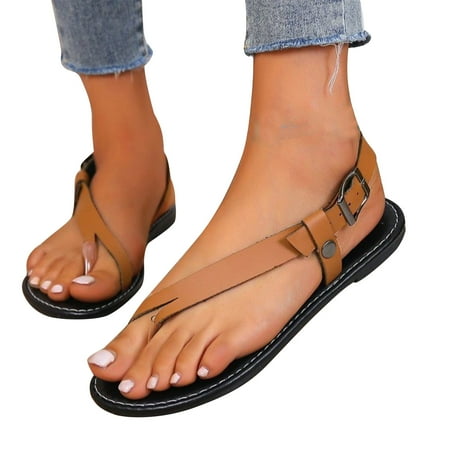 

AOOCHASLIY Independence Day Shoes Leather Thin Strap A Flat Toe Clip Roman Sandals Beach Shoes