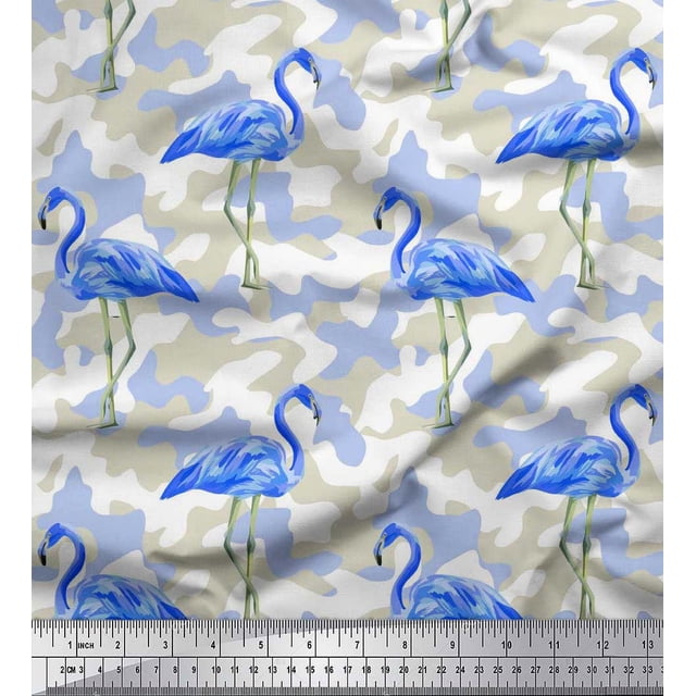Soimoi Silk Fabric Camouflage Texture & Flamingo Bird Print Sewing Fabric Yard 42 Inch Wide
