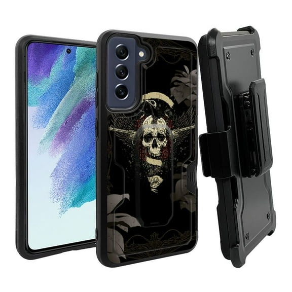 ANJ  Rugged Dual Layer Hybrid Holster Kickstand Case w/ Card Slot   Tempered Glass Cover for Samsung Galaxy S21 FE 5G - Winged Skull
