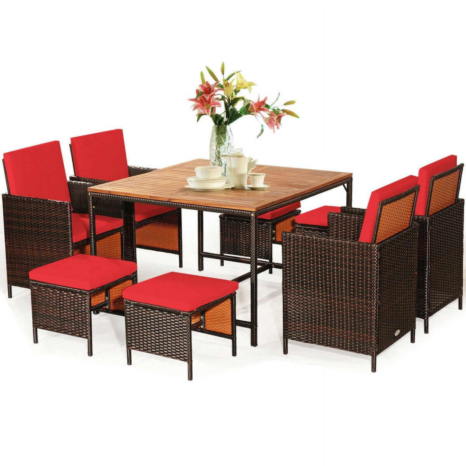 Aimee Lii 9 Pieces Patio Rattan Dining Cushioned Chairs Set, Outdoor Patio Furniture, Red Aimee Lii 9 Pieces Patio Rattan Dining Cushioned Chairs Set, Outdoor Patio Furniture, Red
