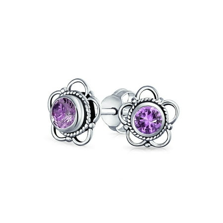 Birthstone Earrings For February Bali Style Tiny Round Open Flower Gemstone Amethyst Stud Earrings For Women 925 Sterling Silver February Birthstone ()