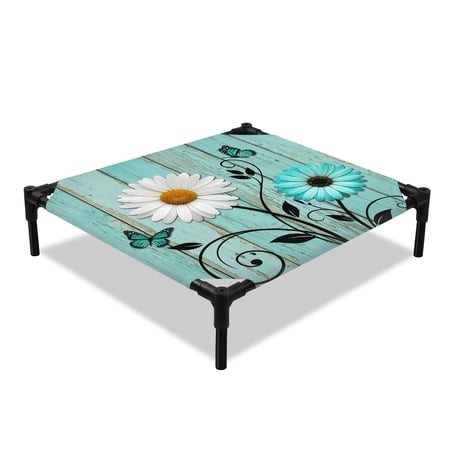 White Daisy Elevated Dog Bed Teal Flower Wood Striped Butterfly Vintage Country Cooling Breathable Outdoor Raised Dog Cot Bed with Metal Frame Non-Slip Feet for Small Dog 20x20in