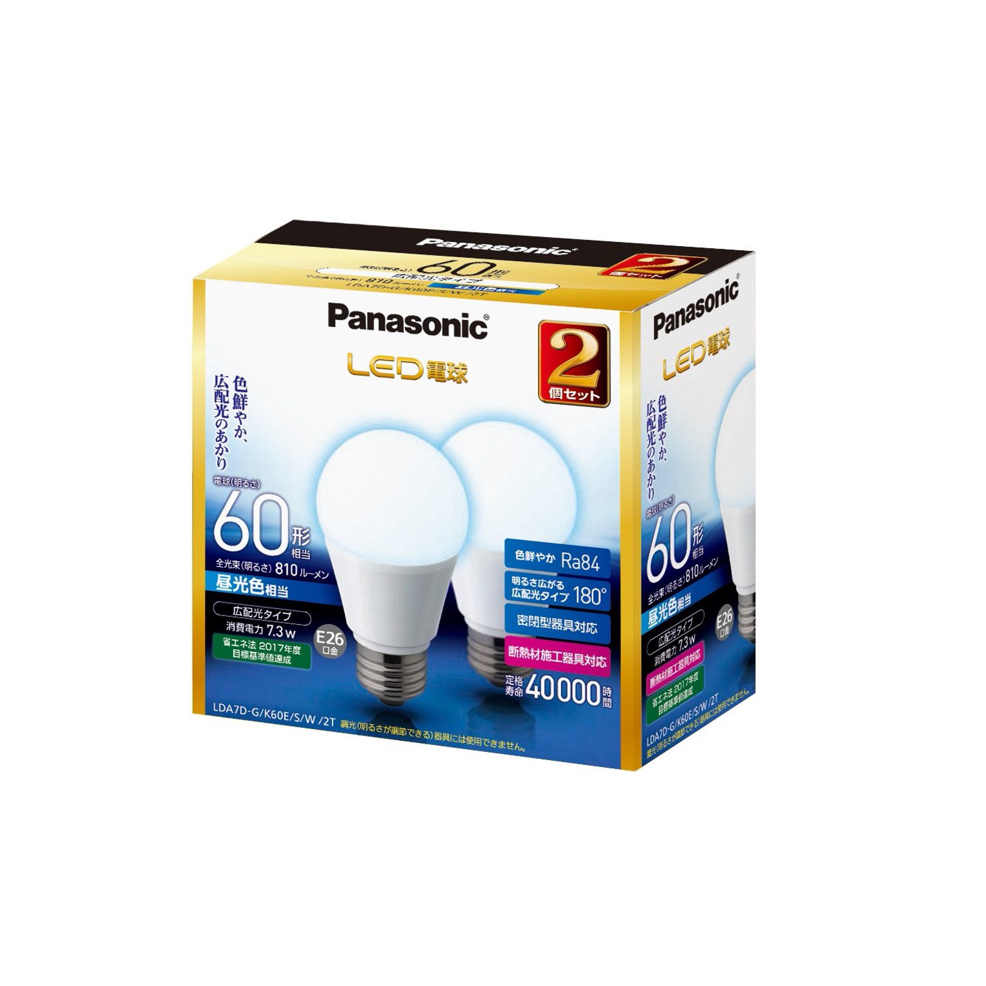 Panasonic LED light bulb base diameter 26mm light bulb 60W type equivalent  daylight color equivalent (7.3W) general light bulb, wide light  distribution type 2 pieces LDA7DGK60ESW2T | Walmart Canada