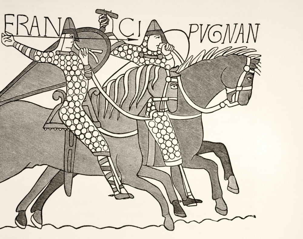 Fragment Of The Bayeux Tapestry Showing Two Mounted Armoured Knights Of William The Conquerors Army In Combat During The Battle Of Hastings From Les Artes Au Moyen Age Published Paris 1873 Canvas Art