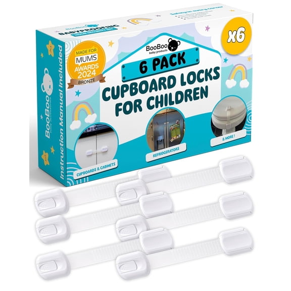 Booboo® (6 Pack) Premium Child Safety Cupboard Door Strap Locks | Baby Proof Your Cabinets with No Trapped Fingers | Extra Easy Installation, No Tools Needed