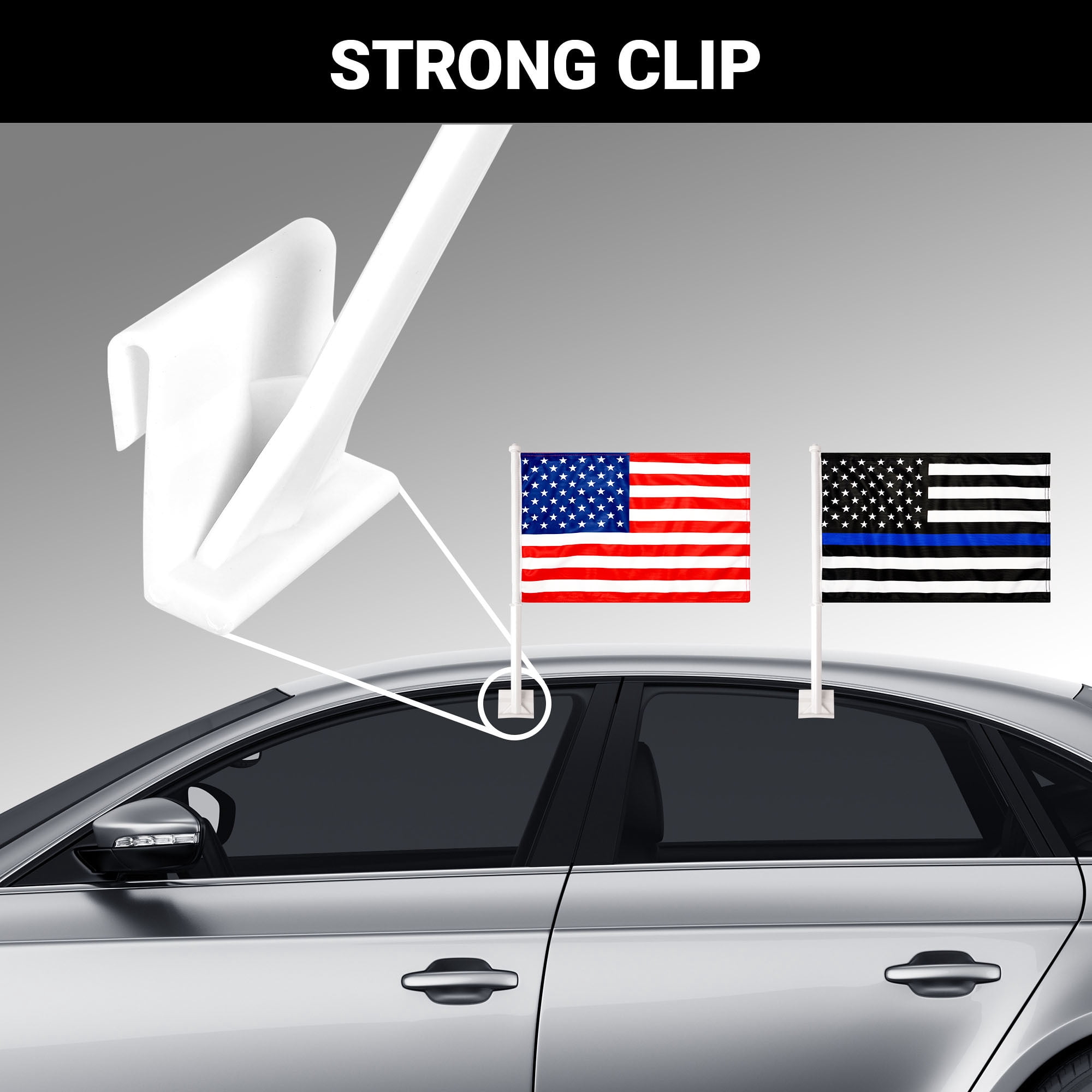 G128 Combo Pack: American USA Car Flag & Thin Blue Line Car Flag 11x17 In | Both Double Sided Printed 150D Polyester | Flagpole Included | Perfect for Festival Celebrations, Parades