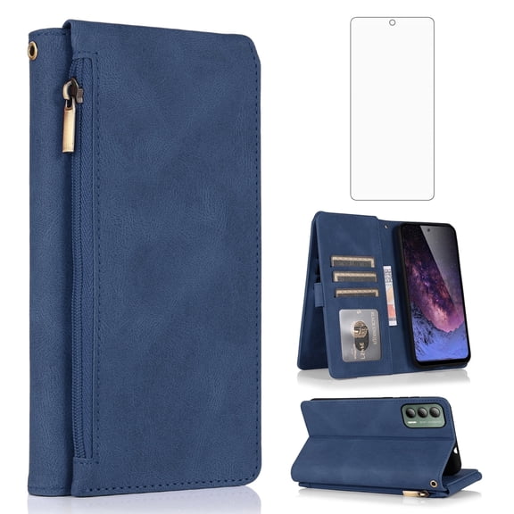 Asuwish Wallet Kickstand Hard Shell Cell Phone Case with Tempered Glass Screen Protector for Cricket Outlast / AT&T Jetmore, Blue