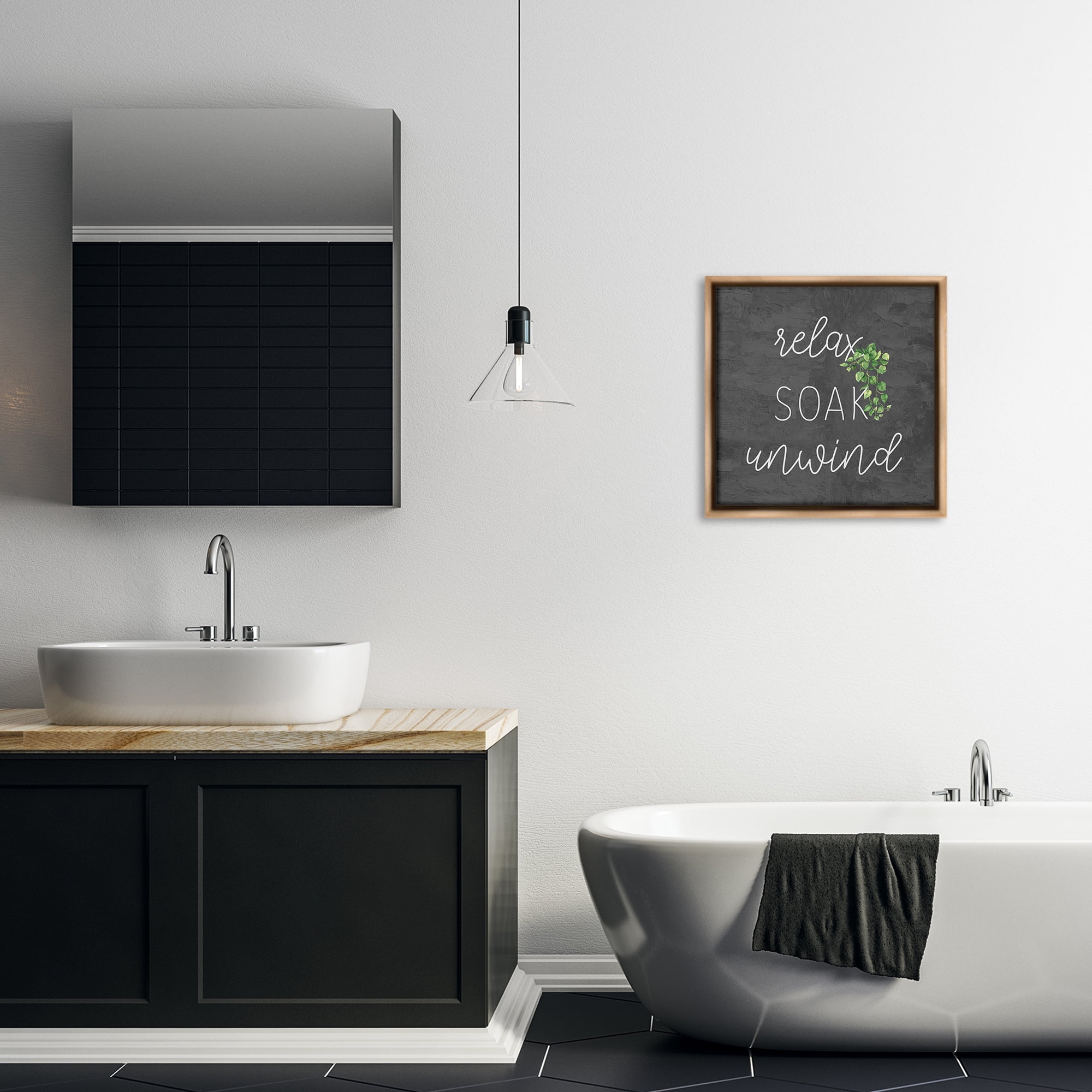 Stupell Industries Relax Unwind with Botanicals Bath & Laundry Painting Brown Floater Framed Canvas Art Print Wall Art, 18 x 18