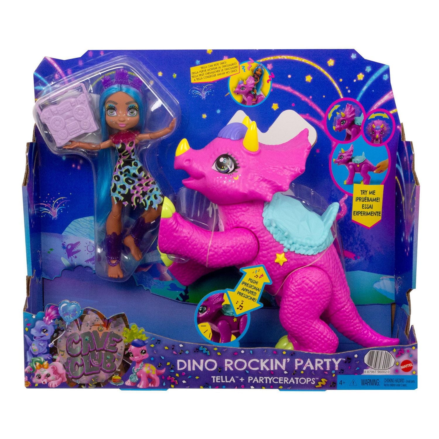 Cave Club-Coffret avec Poupée Tella-Figurine de Partyceratops et Sons