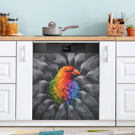 Dailycode Dishwasher Magnet Cover Magnetic Fridge Door Cover Home Kitchen Decor, Colorful and Gray Bird, 23"x 26"