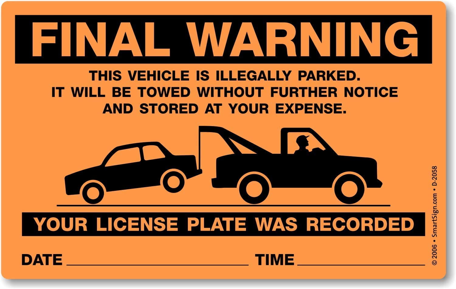 SmartSign"Final Warning - Vehicle is Illegally Parked, It Will be Towed"  Parking Violation Sticker | 5" x 8" Fluorescent Paper - Walmart.com