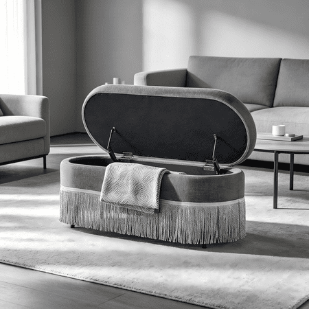 Oval Upholstered Storage Ottoman for Living room or bedroom Multi-Functional Design Reveal Generous Interior Storage