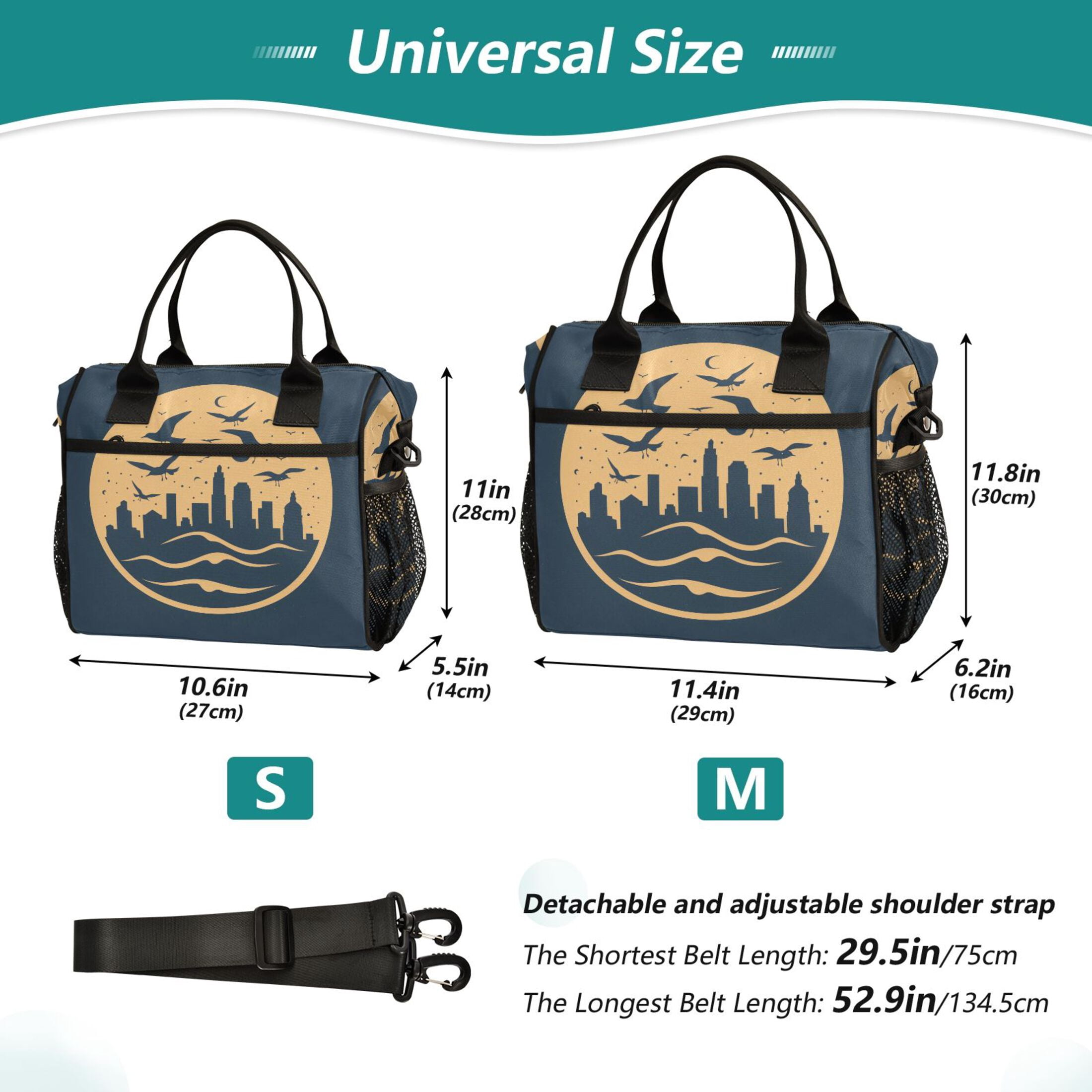 Lunch Bag Insulated Lunch Box Leakproof Reusable Cooler Tote Adjustable Shoulder Strap for Men Women City Seagulls Moon Wave 9L
