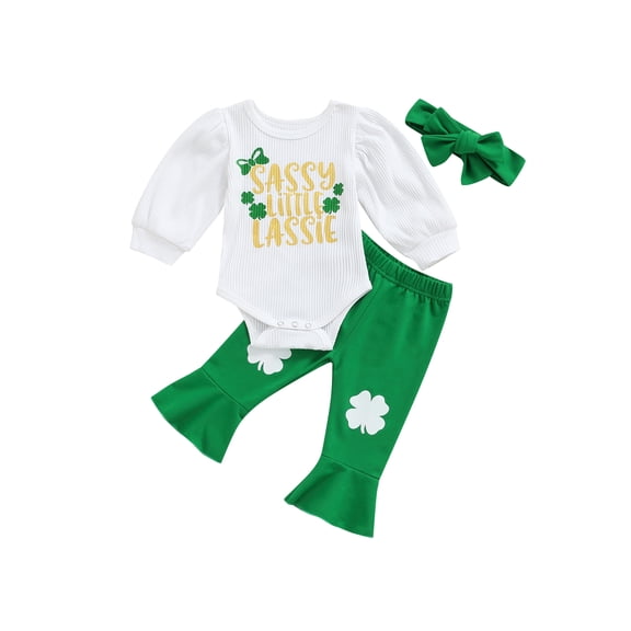 Jxzom Infant Baby Girls St. Patrick Day Outfits 0 3 6 12 18 Months Clover Print Short Sleeve T Shirts Tops Flared Pants Headband Clothes Set