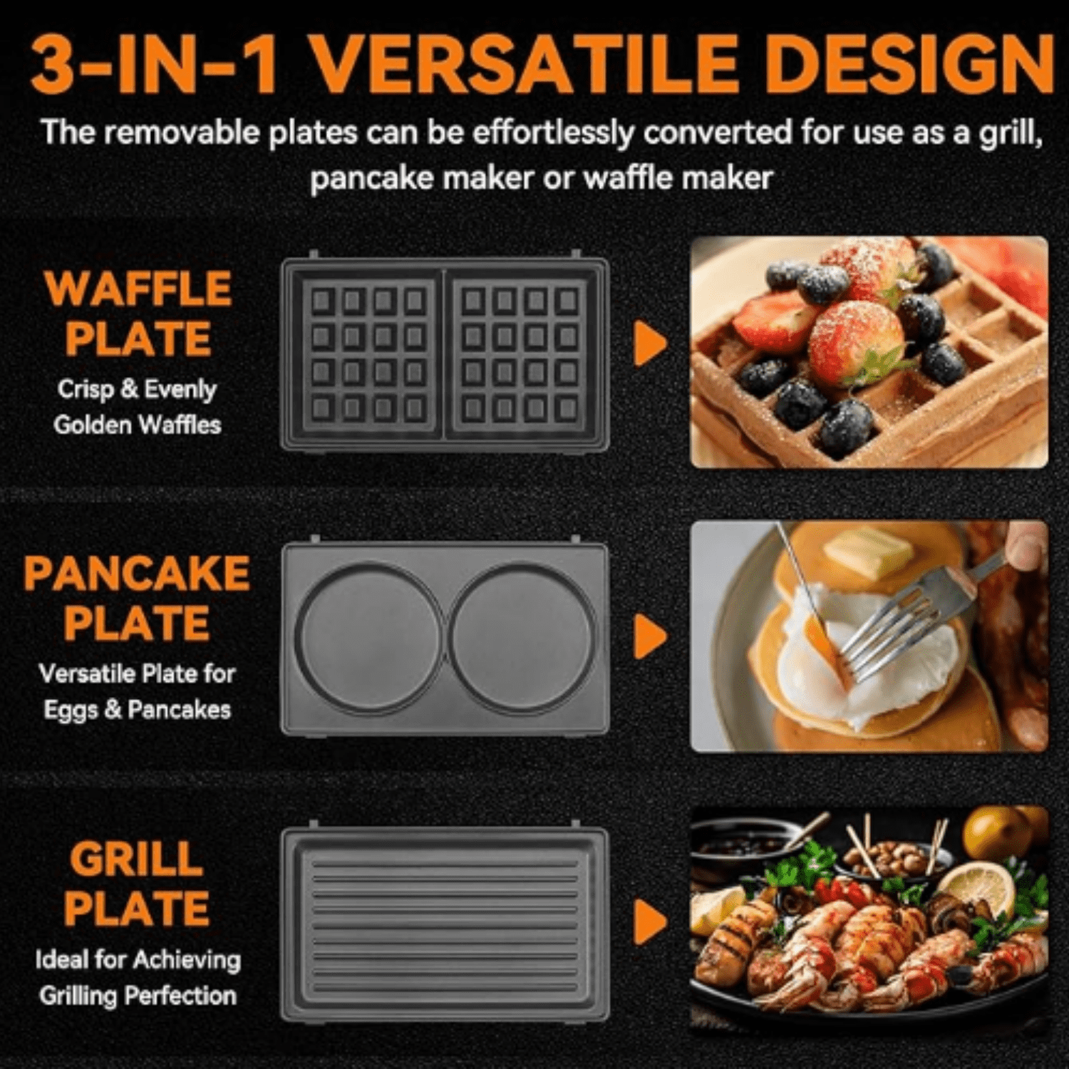 3 in 1 Mini Waffle Maker with Removable Plates, Dual Waffle & Pancake and Grill Plates, Breakfast Sandwich Maker Press, Dishwasher , Non-stick Coating, Graphite