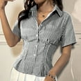 thumbnail image 2 of Women's Button down Shirts with Pocket Summer Trendy Slim Fit Tunic Short Sleeve Tops Striped Casual Blouses (XL, Black), 2 of 7