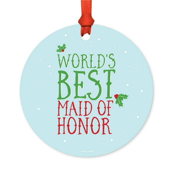 Metal Christmas Ornament, World's Best Maid of Honor, Holiday Mistletoe, Includes Ribbon and Gift Bag