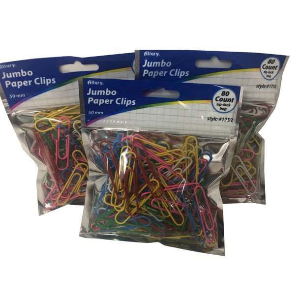 Paper Clips Jumbo, Assorted 80ct multi color pack of 3