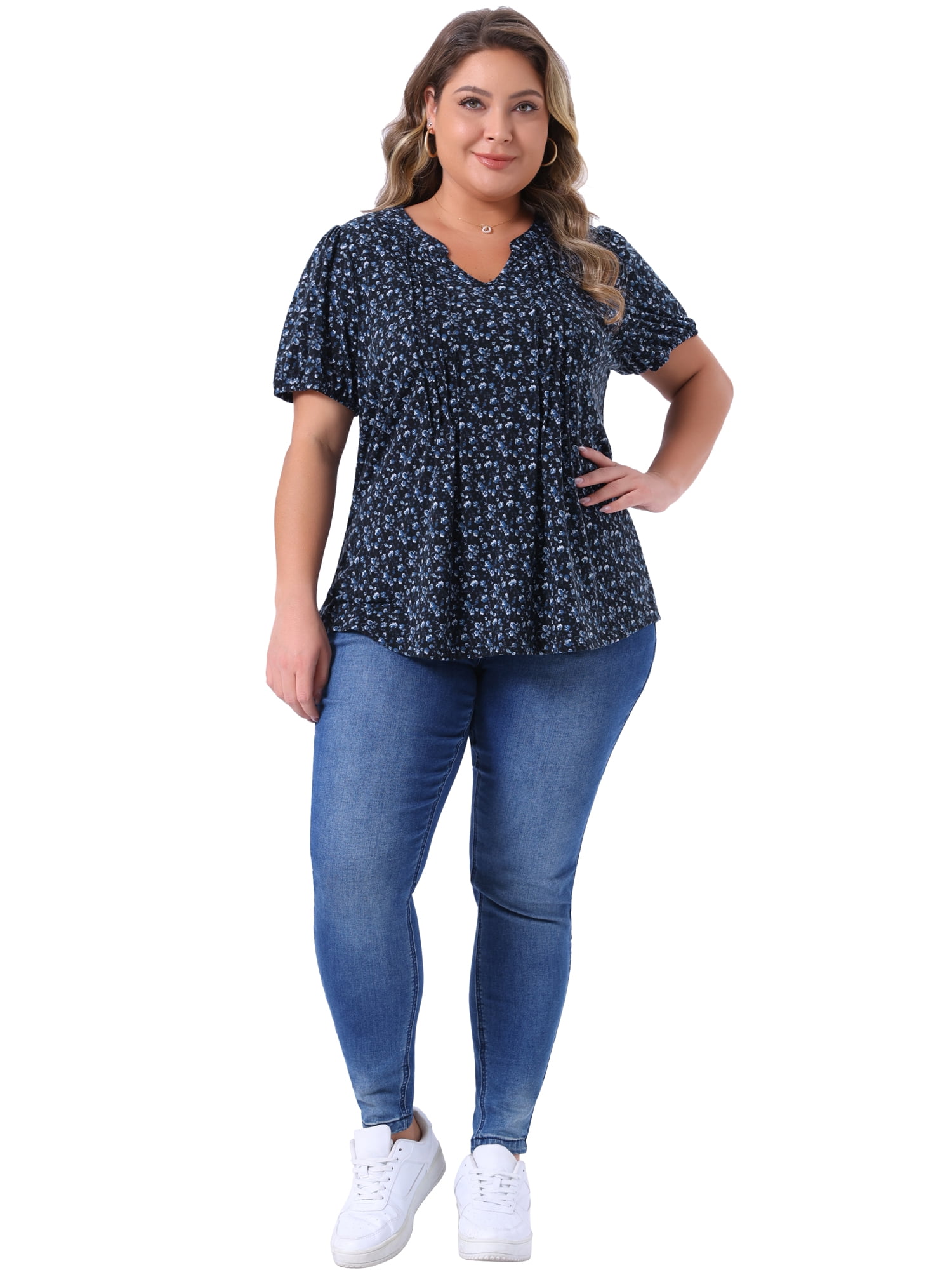 Women's Plus Short Sleeve Pleated T-Shirts Notched V Neck Floral Tops 4X Blue