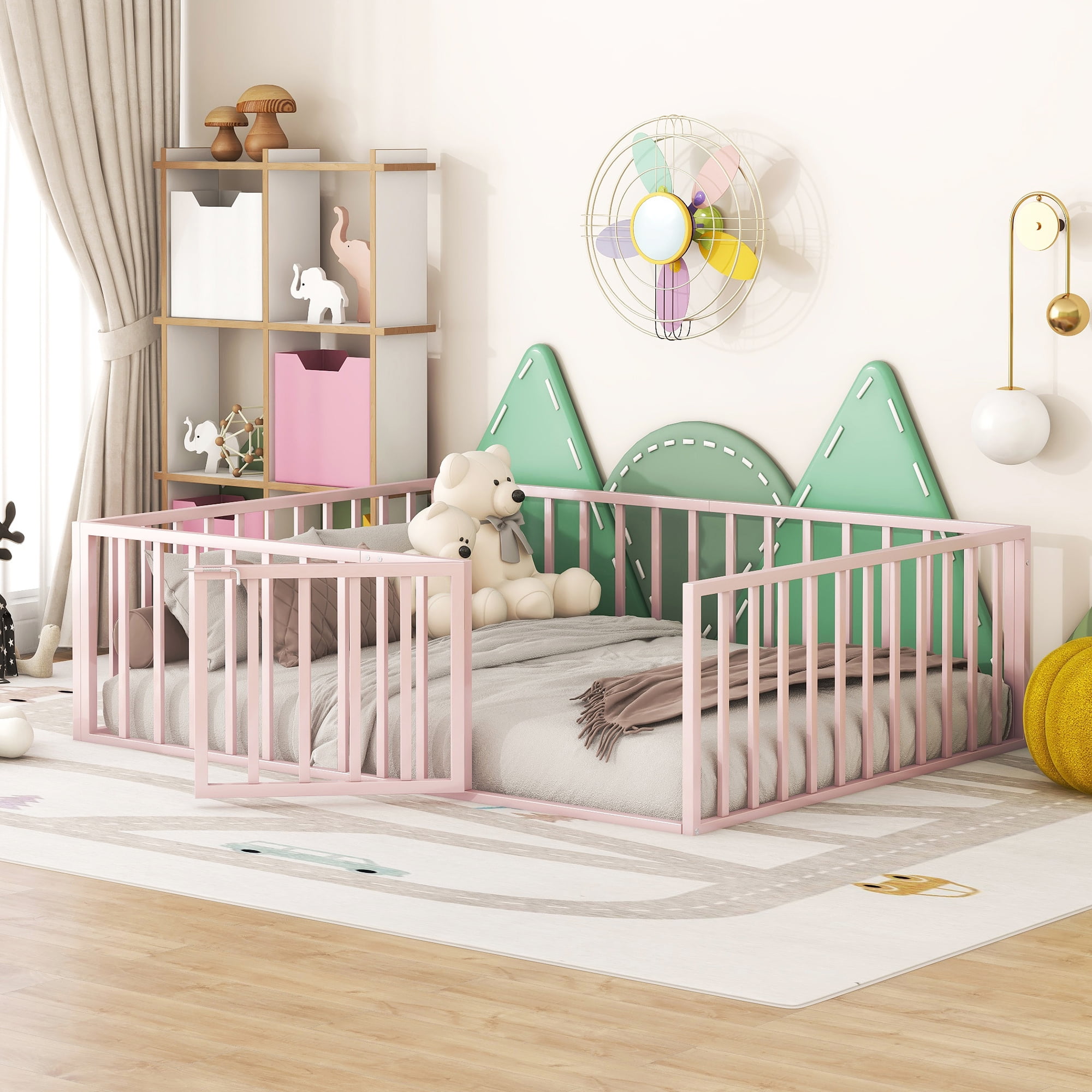 Harper & Bright Designs Full Floor Bed Frame for Kids, Metal Montessori Floor Bed with Rails and Door, Floor Full Size Bed Frame with Fence-Shaped Guardrails, Pink