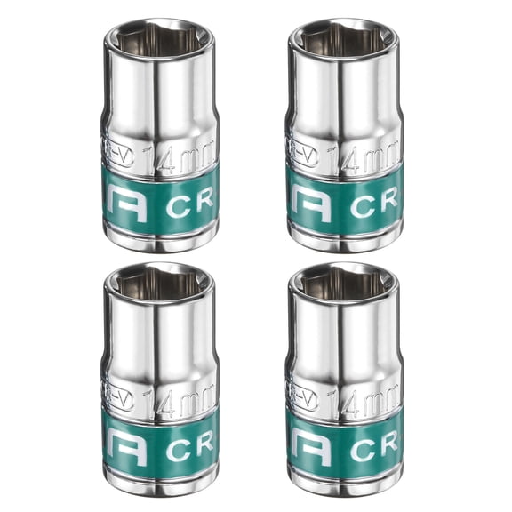 Uxcell 4pcs 1/2" Drive 6 Points Socket 14mm CR-V Metric Shallow Socket, Silver Green