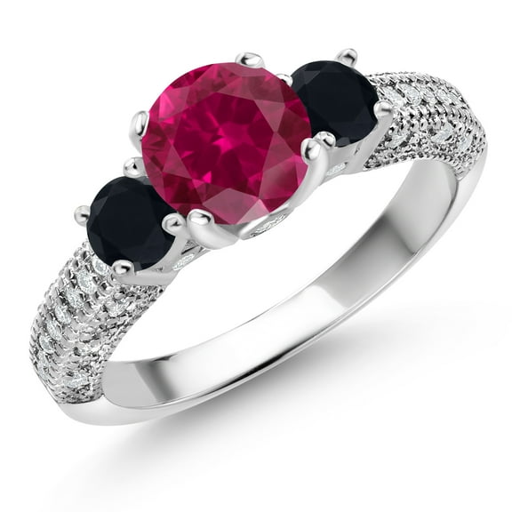 Gem Stone King 925 Sterling Silver Red Created Ruby Black Onyx and White Moissanite Engagement Ring for Women (2.07 Cttw, Gemstone July Birthstone, Round 7MM and 4MM, Size 8)