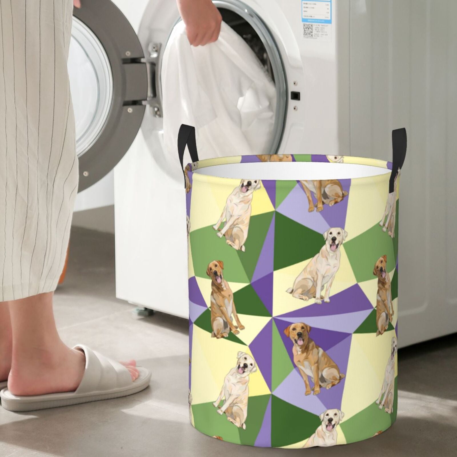 Large Laundry Basket with Handles - Labrador Retriever Dog Green Purple Kids Baby Dirty Clothes Laundry Hamper for Bedroom Aesthetic