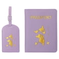 thumbnail image 1 of Juego de funda para pasaporte y etiqueta de equipaje Uxcell, identificador de maleta de cuero PU, morado, 1 of 6