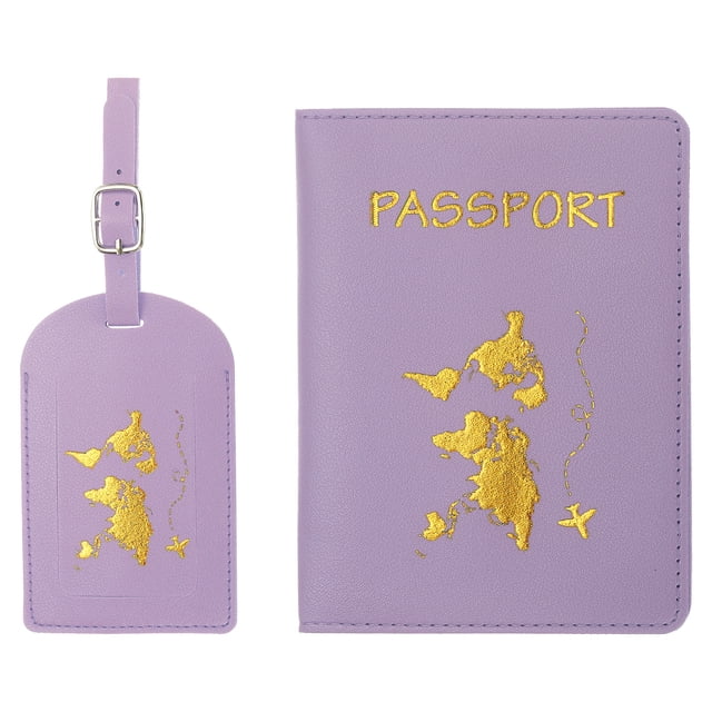 Juego de funda para pasaporte y etiqueta de equipaje Uxcell, identificador de maleta de cuero PU, morado