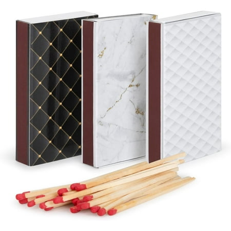 Box Matches Long Wooden Matches Strike on Box - Kitchen Matches - Decorative Candle and Fireplace Wood Matches- 3 Pack - 135 Matches Total - (Geometric Design)