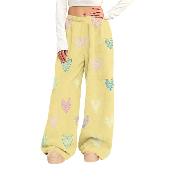 Simua Women's Valentine's Day Heart Print Flannel Plush Wide Leg Pants - Elastic Waist Side Pocket Casual Trousers S-XXL Festive Lounge & Daily Pants