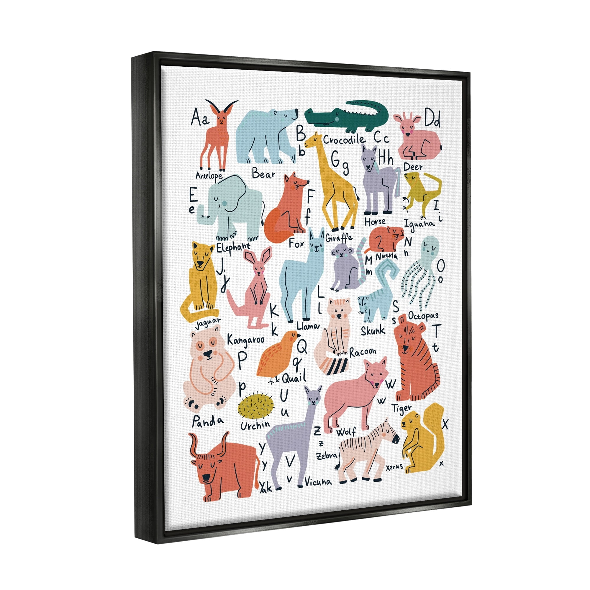 Stupell Industries Various Animal Alphabet Chart Educational Nature Wildlife Graphic Art Jet Black Floating Framed Canvas Print Wall Art, Design by Dominika Godette