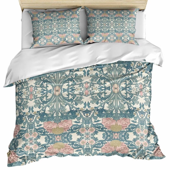 Teal Pink Bedding 3 Piece Duvet Cover Set Queen Size, Vintage Floral Watercolor Boho Ethnic Soft Microfiber Comforter Cover with Zipper Closure & Pillowcases, Wrinkle & FadeResistant Quilt Cover
