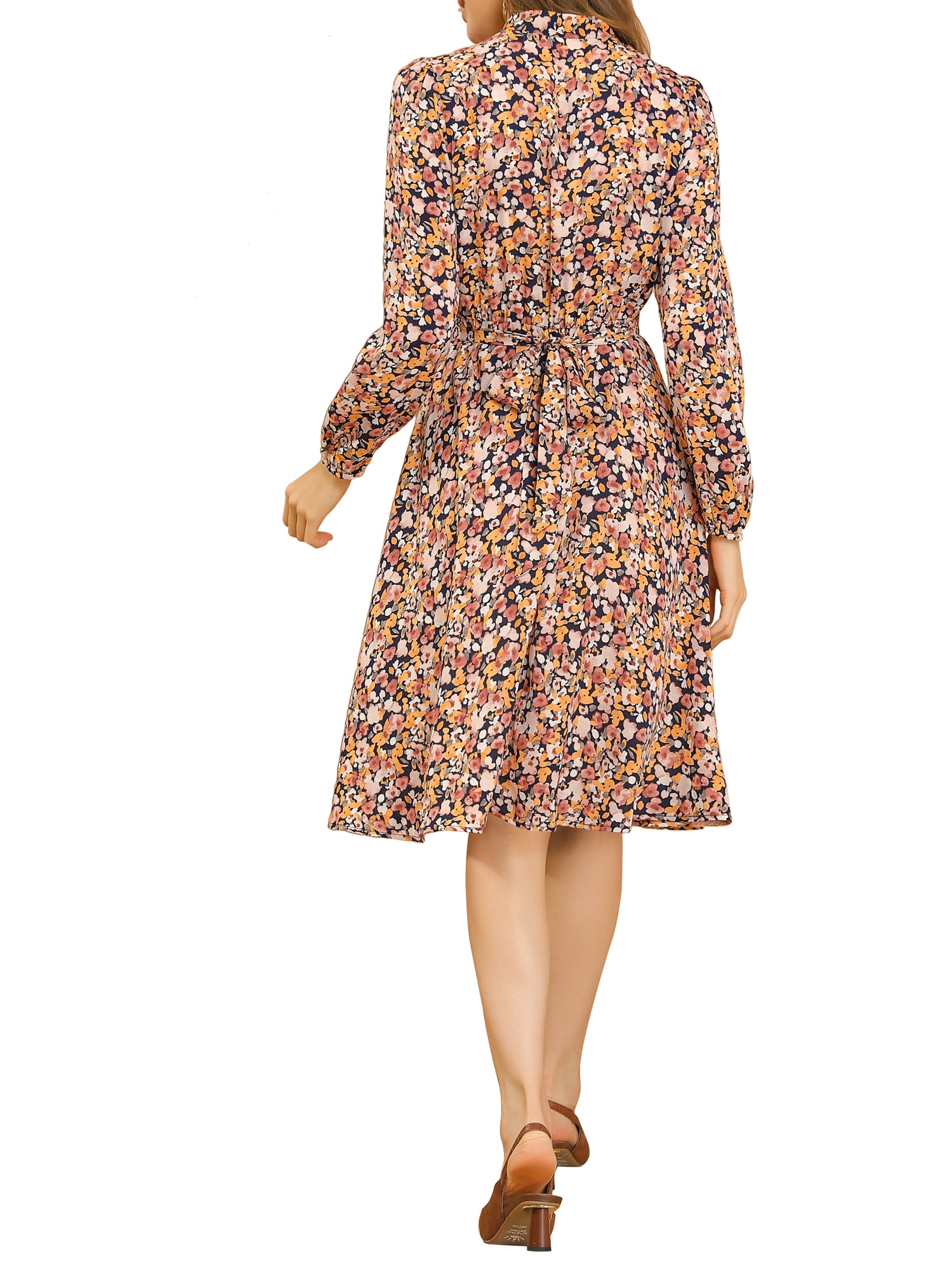 DARING DIVA Tie Neck Chiffon Belted Vintage Floral Midi Dress S Yellow