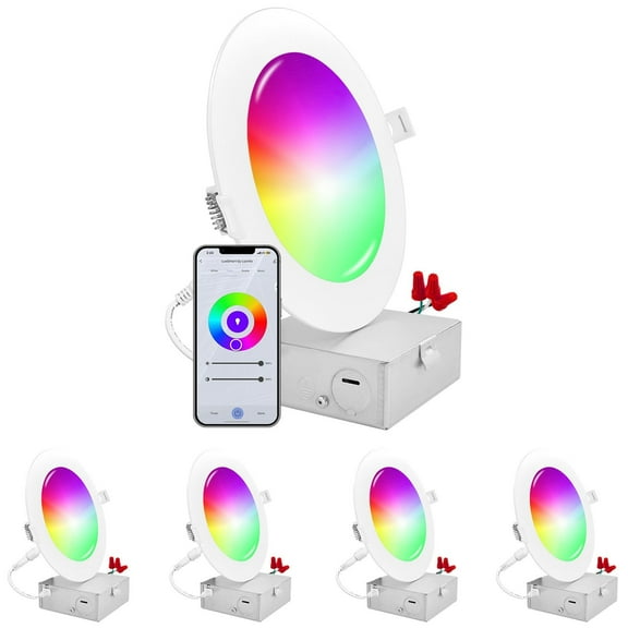 Luxrite 6 inch Smart LED Recessed Lighting, RGBW Color Changing, WiFi App and Voice Control, Alexa and Google Home 4-Pack