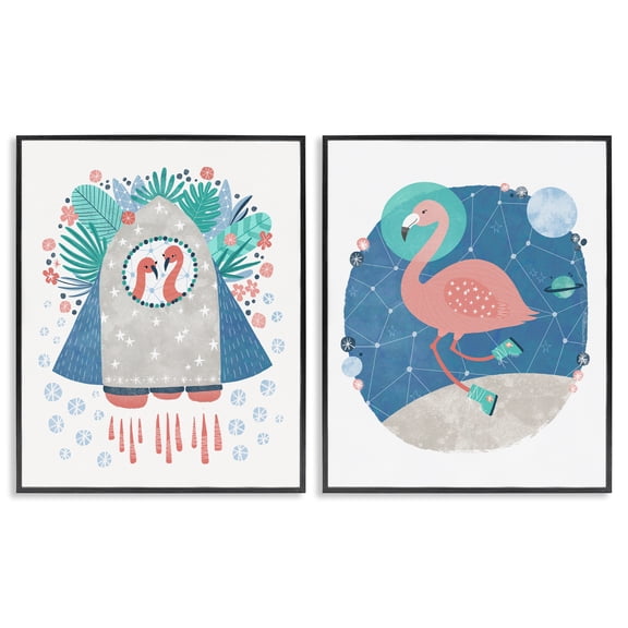 Stupell Industries Contemporary Astronaut Flamingos Outer Space Black 2pc Framed Giclee Art Set, 11 x 14 each, by Molly Fabiano