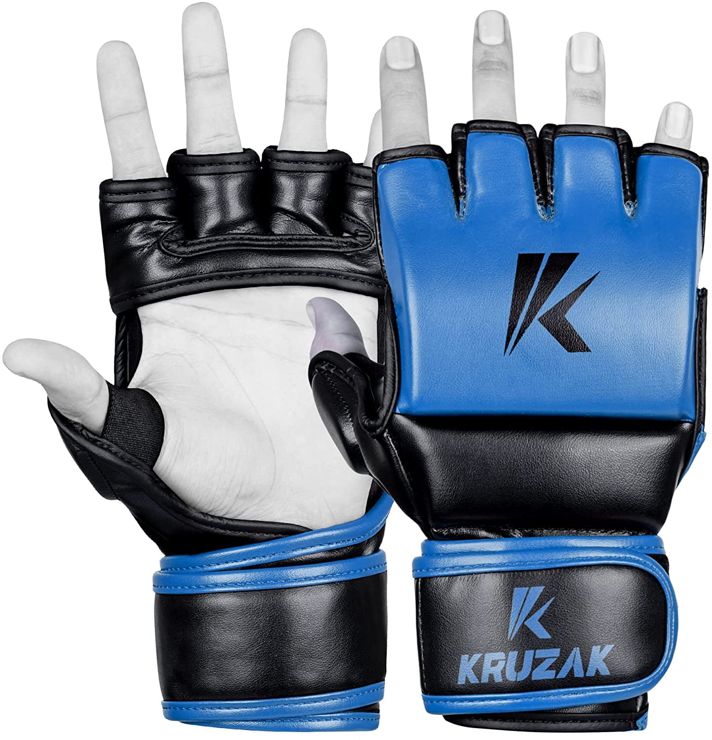 Kruzak MMA Gloves, Men and Women’s Half-Finger Boxing Mitts, Hand Wraps with Open Palms for Grappling, Kickboxing, Sanda, Sparring, Muay Thai (L/XL, Blue)