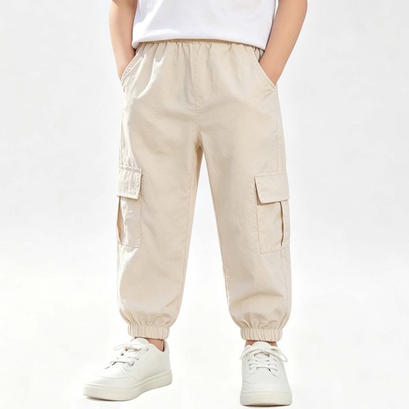 Boys Cargo Pants Elastic Waist Pull-On Jogger Trousers with Multi-Pockets Quick Dry Lightweight Activewear for Hiking Outdoor Sports Casual Everyday Play