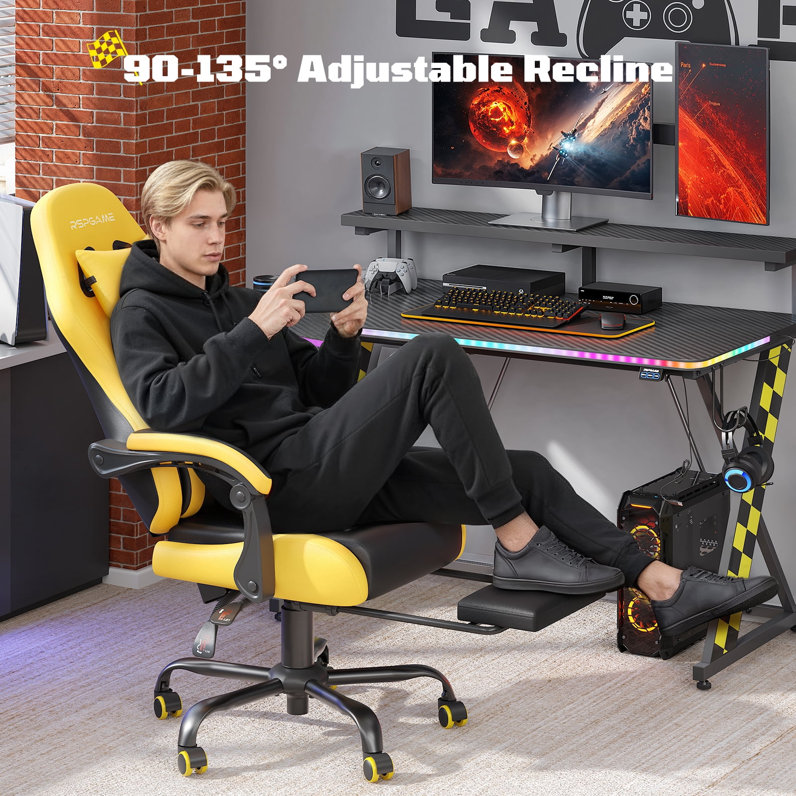 RSPGame Ergonomic Gaming Chairs for Adults,Pocket Spring Cushion,PU Leather Office Chairs with Lumbar Support and Retractable Footrest,Home and Office Computer Chairs-Yellow Racing