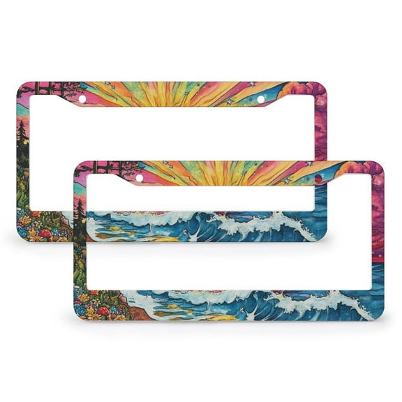 License Plate Frames Here Comes The Sun Car Accessories 2 Pcs Set Boho Sun Metal License Plate Frame for US Standard Vehicles for Women Men 6x12in with Screw and Black Screw Caps