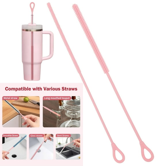 2 PCS Silicone Straw Cleaner Brush, 9.84 Inches Reusable Straw Cleaner with Bendable Steel Core, Extra Long Soft Bottle Brush for Clearing Smoothie Straws, Glass Straws, 9mm & 6mm, Pink