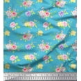 thumbnail image 1 of Soimoi Blue Japan Crepe Satin Fabric Leaves & Grandiflora Roses Floral Print Fabric by Yard 42 Inch Wide, 1 of 3
