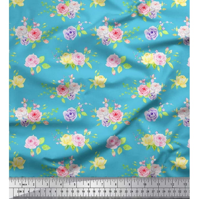 Soimoi Blue Viscose Chiffon Fabric Leaves & Grandiflora Roses Floral Decor Fabric Printed Yard 42 Inch Wide