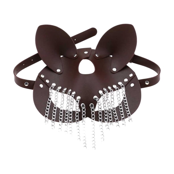 Máscara de gato de cuero PU, máscara de borla de cadena de Metal, cubierta facial de moda nocturna Marrón oscuro jinwen Accesorios de mascarada
