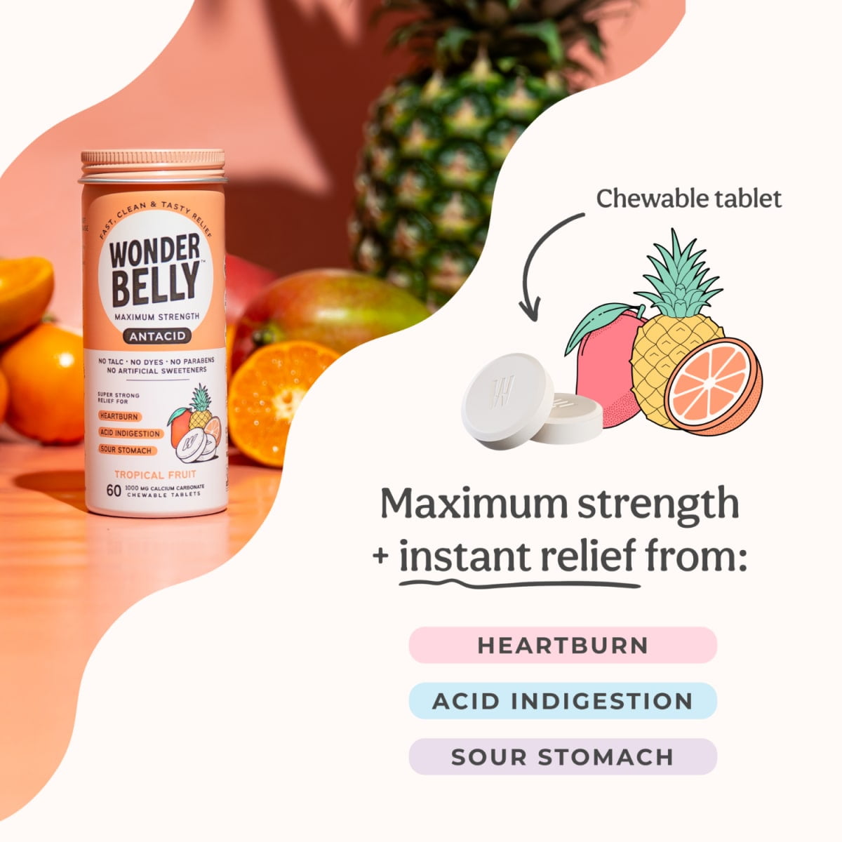 Wonderbelly Antacid Tablets for Heartburn Relief, Tropical Fruit Flavor, 60 Chewable Tablets