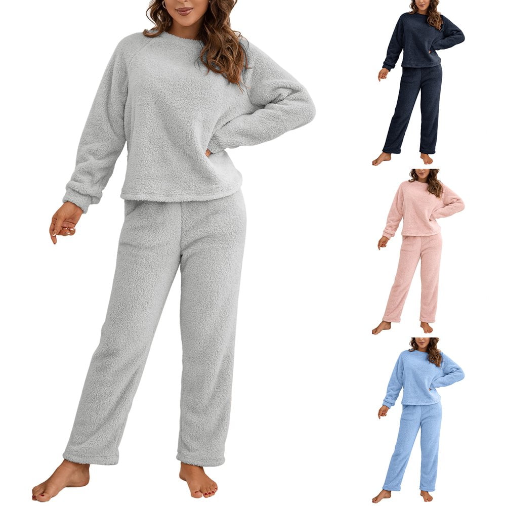 2 Piece Outfits Women s Fleece Sherpa Lined Sweatsuits Long Sleeve Sweatshirt and Sweat Pants Winter Warm Pajamas Set