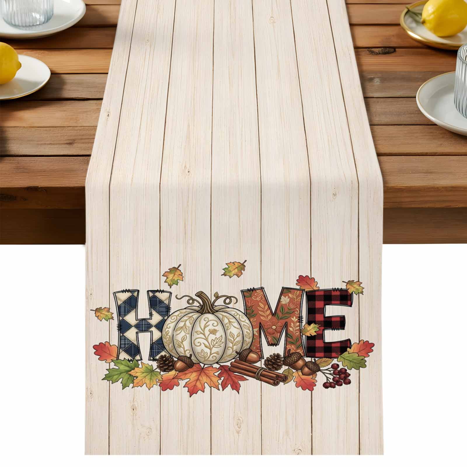 Fall Home Table Runner Thanksgiving Harvest Pumpkin Maple Leaf Berry Wood Grain Cotton Linen Kitchen Dining Table Runner Home Decor for Party Festival Holiday Decoration Gift 13x36in